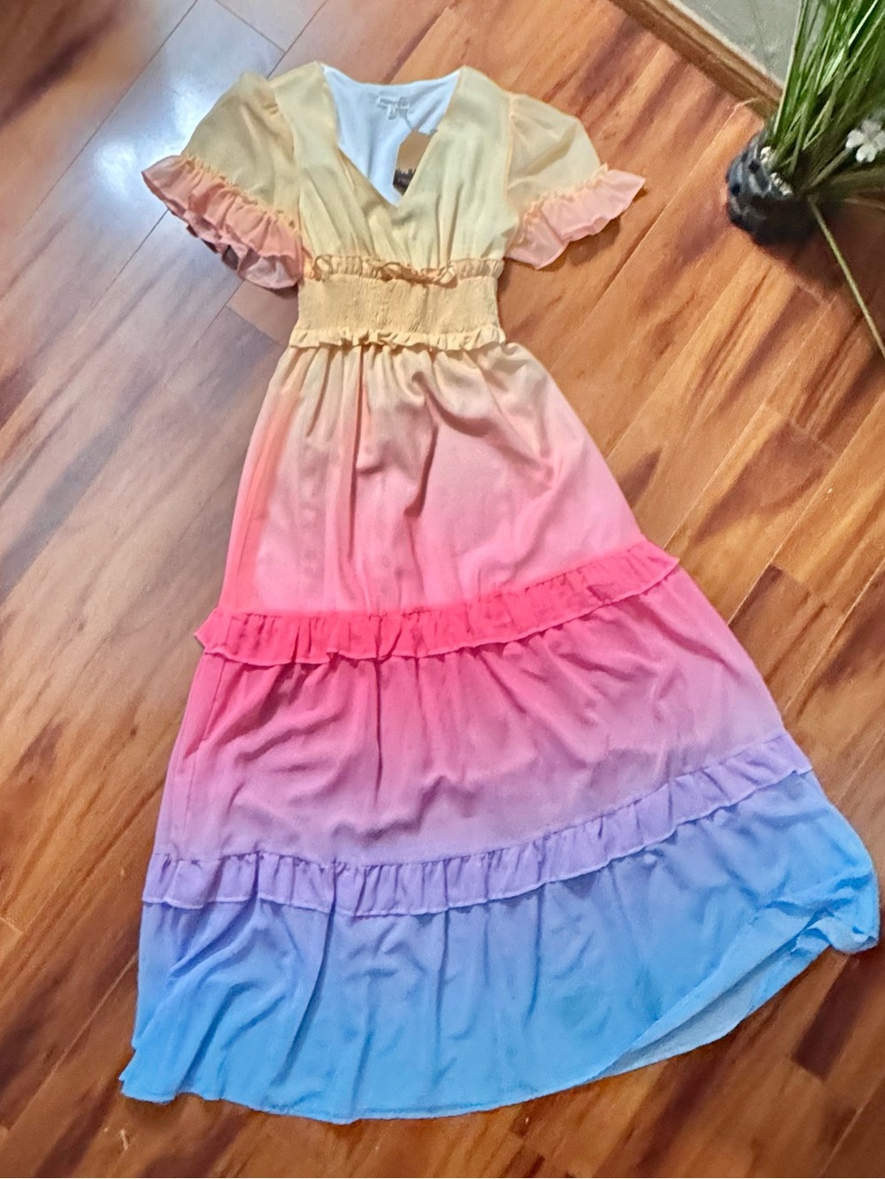 Main Strip Pastel Rainbow Ombre Ruffle Short Sleeve Maxi Dress - Picture 5 of 7